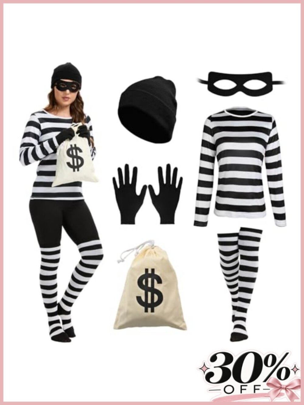 Women's Stripe Robber Costume 7pc Set Long Sleeve with Mask Gloves Bag